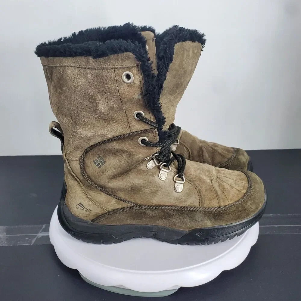 Columbia Boots Womens Size 7.5 Brown Suede Lace Up Faux Fur Omni-Grip Winter